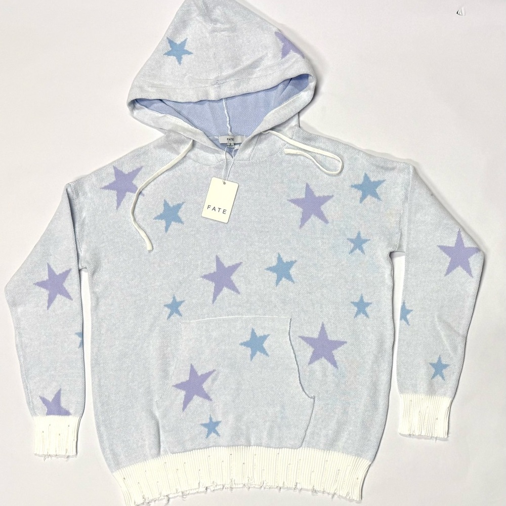 NWT Women's Fate Hoodie Distressed Small S Light Blue w/ Stars & Kangaroo Pocket